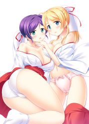 Rule 34 | 10s, 2girls, ayase eli, bare shoulders, blonde hair, blue eyes, blush, breasts, cleavage, clothes pull, collarbone, green eyes, groin, hair ribbon, hand on another&#039;s chin, japanese clothes, large breasts, looking at viewer, love live!, love live! school idol project, medium breasts, multiple girls, navel, off shoulder, panties, pink panties, ponytail, purple hair, red ribbon, ribbon, shiny skin, short hair, simple background, skirt, skirt pull, thighs, tojo nozomi, underwear, white background, white legwear, white panties, yuri, yuurei yashiki