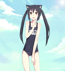 Rule 34 | 00s, 1girl, animal ears, bad id, bad pixiv id, black hair, brown eyes, cat ears, cloud, day, embarrassed, hao (patinnko), k-on!, lens flare, nakano azusa, one-piece swimsuit, patinnko, school swimsuit, sidelocks, sky, solo, swimsuit, twintails