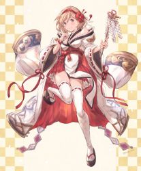Rule 34 | 1girl, bad id, bad pixiv id, bare shoulders, black footwear, blush, breasts, brown eyes, closed mouth, commentary request, djeeta (granblue fantasy), flower, frilled kimono, frills, full body, granblue fantasy, hair between eyes, hair flower, hair ornament, hairband, hands up, head tilt, holding, japanese clothes, kimono, leg up, light brown hair, long sleeves, medium breasts, milli little, obi, off shoulder, red flower, red hairband, ribbon-trimmed legwear, ribbon-trimmed sleeves, ribbon trim, sash, shide, short kimono, smile, solo, standing, standing on one leg, thighhighs, white kimono, white thighhighs, wide sleeves