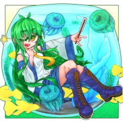 Rule 34 | 1girl, bare legs, blue footwear, blue skirt, boots, commentary request, cross-laced footwear, detached sleeves, eyelashes, fishbowl, green hair, japanese clothes, jellyfish, knee boots, knees together feet apart, kochiya sanae, lace-up boots, long hair, looking at viewer, miko, nama gomi (artist), nontraditional miko, one eye closed, open mouth, shirt, sitting, skirt, smile, solo, spoken star, star (symbol), touhou, white shirt, wide sleeves, yellow eyes, yellow neckwear