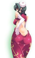 Rule 34 | 00s, 1girl, adjusting clothes, amagata (from dusk till dawn), ass, backless dress, backless outfit, bad id, bad pixiv id, black hair, breasts, brown eyes, bun cover, china dress, chinese clothes, double bun, dress, elbow gloves, from behind, gloves, green hair, gundam, gundam 00, looking back, medium breasts, solo, wang liu mei