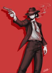 Rule 34 | 1boy, absurdres, beard, black hair, black hat, black jacket, black pants, cigarette, closed mouth, collared shirt, dress shirt, drop shadow, facial hair, feet out of frame, formal, grey shirt, gun, handgun, hat, highres, holding, holding gun, holding weapon, jacket, jigen daisuke, long sleeves, looking away, lupin iii, male focus, mouth hold, naked shirt, necktie, open clothes, open jacket, pants, purple necktie, red background, red eyes, revolver, shirt, signature, simple background, smoke, smoking, solo, suit, tie clip, weapon, whitter