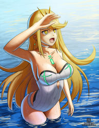 Rule 34 | 1girl, arm up, bare shoulders, blonde hair, breasts, cleavage, covered navel, gem, headpiece, highres, jewelry, kami mitsugu (kamiken), large breasts, long hair, mythra (xenoblade), nintendo, ocean, one-piece swimsuit, open mouth, smile, solo, standing, swept bangs, swimsuit, very long hair, water, wet, xenoblade chronicles (series), xenoblade chronicles 2, yellow eyes