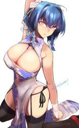 Rule 34 | 1girl, ahoge, alternate costume, arm at side, arm behind head, armpits, azur lane, bare shoulders, black panties, black thighhighs, blue hair, blush, bow, braid, breasts, bridal gauntlets, calligraphy brush, china dress, chinese clothes, cleavage, cleavage cutout, closed mouth, clothing cutout, commentary request, crossed bangs, dress, floral print, garter straps, gloves, hair between eyes, hair bow, hair ribbon, high heels, highres, kneeling, kojima (blue stardust), large breasts, long hair, looking at viewer, paintbrush, panties, pelvic curtain, pumps, purple bow, purple eyes, red footwear, ribbon, side-tie panties, side braid, side slit, sidelocks, signature, simple background, smile, solo, st. louis (azur lane), st. louis (blue and white pottery) (azur lane), thighhighs, thighs, underwear, white background, white bow, white dress, white ribbon