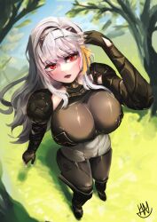 Rule 34 | 1girl, absurdres, armor, armored boots, armored gloves, bandaged head, bandages, bodystocking, boots, breasts, cleavage, goddess of victory: nikke, grass, grey hair, hair ribbon, highres, hwa nang, large breasts, long hair, modernia (nikke), nature, open mouth, outdoors, red eyes, ribbon, see-through, see-through cleavage, shoulder armor, sidelocks, signature, solo, yellow ribbon