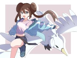 Rule 34 | 1girl, :d, absurdres, alternate costume, belt, blue jacket, border, bright pupils, brown hair, commentary, creatures (company), double bun, floating hair, game freak, gen 5 pokemon, hair bun, highres, jacket, jayj 824, leg up, long hair, looking at viewer, loose belt, navel, nintendo, open clothes, open jacket, open mouth, outstretched arms, pokemon, pokemon (creature), pokemon bw2, rosa (pokemon), shirt, shoes, shorts, smile, swanna, twintails, white border, white pupils