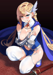 Rule 34 | blonde hair, blue eyes, breasts, cape, cleavage, covering breasts, covering privates, garter straps, gauntlets, high heels, highres, large breasts, okita ababa, sword, thighhighs, thighs, torn clothes, weapon