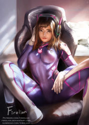 Rule 34 | 1girl, animal print, artist name, blue bodysuit, bodysuit, boots, bracer, breasts, brown eyes, brown hair, chair, couch, d.va (overwatch), eyebrows, facepaint, facial mark, firolian, gloves, hand on headphones, headphones, high collar, highres, indoors, light rays, light smile, lips, long hair, looking at viewer, matching hair/eyes, nose, office chair, overwatch, overwatch 1, pilot suit, rabbit print, realistic, ribbed bodysuit, shoulder pads, signature, sitting, skin tight, small breasts, solo, spread legs, swept bangs, swivel chair, watermark, wavy hair, web address, whisker markings, white footwear, white gloves