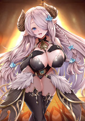 Rule 34 | 1girl, black gloves, black leotard, black thighhighs, blue eyes, braid, breasts, cleavage, commission, demon horns, elbow gloves, gloves, granblue fantasy, grey hair, groin, hair over one eye, hands on own breasts, highleg, highleg leotard, horns, koza900, large breasts, leaning forward, leotard, long hair, looking at viewer, narmaya (granblue fantasy), open mouth, pointy ears, skeb commission, smile, solo, thick thighs, thighhighs, thighs, very long hair