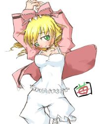 Rule 34 | 00s, 1girl, blonde hair, bloomers, bloomers maiden, blush, bow, breasts, green eyes, hinaichigo, lingerie, medium breasts, pink bow, ribbon, rozen maiden, simple background, solo, underwear, white bloomers