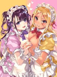 Rule 34 | 2girls, absurdres, alternate costume, apron, black hair, blonde hair, blue eyes, blue neckwear, bow, bowtie, breast press, breasts, cleavage, commentary request, earrings, enmaided, fake nails, frilled hairband, frills, gyaru, hair between eyes, hairband, headdress, heart, highres, himekawa (shashaki), holding hands, interlocked fingers, jewelry, large breasts, long hair, looking at viewer, maid, maid apron, maid headdress, mole, mole on breast, mole under eye, multiple girls, original, puffy short sleeves, puffy sleeves, red eyes, red neckwear, shashaki, shinjou (shashaki), short sleeves, sidelocks, simple background, smile, symmetrical docking, symmetrical hand pose, twintails, two side up, wrist cuffs
