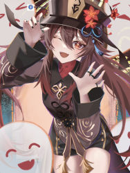 Rule 34 | 1girl, ^ ^, ^o^, absurdres, brown hair, chinese clothes, claw pose, closed eyes, cowboy shot, closed eyes, genshin impact, ghost, happy, hat, highres, hoatannn, hu tao (genshin impact), leaning forward, long sleeves, looking at viewer, one eye closed, shorts, symbol-shaped pupils, top hat, twintails