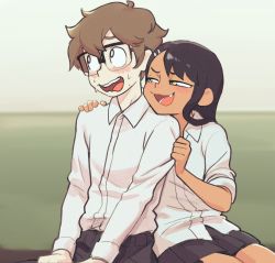 Rule 34 | 1boy, 1girl, :3, bad id, bad twitter id, black hair, black legwear, black skirt, blurry, blush, brown hair, collared shirt, colo (nagrolaz), commentary, cowboy shot, dark skin, depth of field, fang, flustered, glasses, hachiouji naoto, hair between eyes, hair ornament, hairclip, hand on shoulder, hands on legs, hetero, highres, holding another&#039;s arm, ijiranaide nagatoro-san, long hair, long sleeves, looking at another, looking away, miniskirt, nagatoro hayase, open mouth, pants, pleated skirt, school uniform, shirt, shirt tucked in, short hair, sidelocks, sitting, skirt, sleeves rolled up, smile, sweat, swept bangs, teeth, untucked shirt, upper teeth only, wavy mouth, white eyes, white shirt, yellow eyes