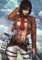 Rule 34 | 1girl, abs, absurdres, black hair, cloud, cloudy sky, cropped jacket, hair between eyes, highres, holding, holding weapon, jacket, lips, mikasa ackerman, monori rogue, muscular, muscular female, no bra, outdoors, pants, red scarf, scarf, shingeki no kyojin, short hair, sky, solo, three-dimensional maneuver gear, weapon