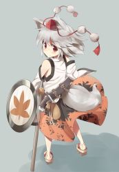 Rule 34 | 1girl, animal ears, bad id, bad pixiv id, detached sleeves, female focus, from behind, full body, geta, hat, highres, inubashiri momiji, no socks, red eyes, sandals, scabbard, sheath, shield, short hair, sil, silver hair, solo, standing, supershiruco, sword, tail, tokin hat, touhou, weapon, wolf ears, wolf tail
