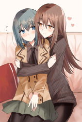 Rule 34 | 2girls, black legwear, black neckwear, blue eyes, blue hair, blush, brown eyes, brown hair, brown jacket, brown shirt, brown sweater, closed mouth, collared shirt, couch, flying sweatdrops, green skirt, hair between eyes, heart, highres, jacket, kinona, long hair, long sleeves, multiple girls, on couch, original, pantyhose, pleated skirt, ribbed sweater, shirt, sitting, skirt, sleeves past wrists, smile, sweater, very long hair, yuri