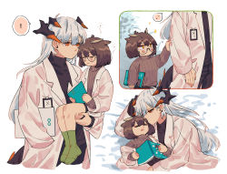Rule 34 | !, 2girls, age difference, aged down, arknights, bad id, bad twitter id, black pants, black shorts, black sweater, blush, book, brown hair, brown sweater, carrying, carrying person, child, child carry, closed eyes, clothes grab, coat, dragon horns, dragon tail, earclip, feather hair, green legwear, grey hair, hand in pocket, highres, horns, id card, kiss, kissing forehead, long hair, lying, multiple girls, no mouth, on back, on side, onee-loli, open book, open clothes, open coat, open mouth, orange eyes, owl ears, pants, rhine lab logo, ribbed sweater, saria (arknights), semi-rimless eyewear, short hair, shorts, silence (arknights), sleeping, sleeve grab, socks, sparkle, speech bubble, spoken exclamation mark, spoken sweatdrop, sweatdrop, sweater, tail, turtleneck, turtleneck sweater, under-rim eyewear, under covers, white background, white coat, yellow eyes, yuri, zy (zyyyyyyy9)