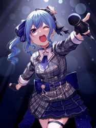 Rule 34 | 1girl, belt, beret, black gloves, blue belt, blue eyes, blue hair, blush, bow, breasts, choker, collarbone, commentary request, crown, fingerless gloves, frills, gloves, grey hat, hair between eyes, hair ornament, hat, highres, holding, holding microphone, hololive, hoshimachi suisei, hoshimachi suisei (1st costume), long hair, looking at viewer, medium breasts, microphone, mikan (chipstar182), one eye closed, open mouth, side ponytail, smile, solo, star (symbol), thigh strap, virtual youtuber