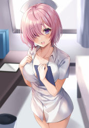 Rule 34 | 1girl, :d, alternate costume, blush, breasts, cleavage, clipboard, collarbone, commentary request, fate/grand order, fate (series), hair over one eye, harimoji, hat, holding, indoors, large breasts, looking at viewer, mash kyrielight, no pants, nurse, nurse cap, open mouth, pink hair, purple eyes, short hair, short sleeves, smile, solo, table, teeth, upper teeth only, window