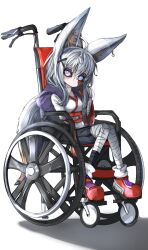 Rule 34 | 1girl, absurdres, adjusting hair, animal ears, bandaged arm, bandaged leg, bandages, belt, belt buckle, breasts, buckle, disability, earrings, expressionless, full body, grey hair, hair ornament, heterochromia, highres, itanase, japanese clothes, jewelry, long hair, looking at viewer, medium breasts, original, pink eyes, purple eyes, scar, scar on face, shadow, shoes, solo, tail, wheelchair, white background, wolf ears, wolf girl, wolf tail, x hair ornament