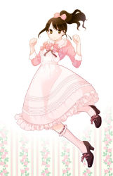 Rule 34 | 1girl, ahim de famille, animification, arms up, bad id, bad pixiv id, brown eyes, brown hair, clenched hands, dress, floral background, flower, hair ribbon, high heels, kaizoku sentai gokaiger, light smile, nene (narcisse), pink ribbon, pink socks, ponytail, ribbon, shoes, socks, solo, super sentai