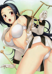 Rule 34 | 1girl, :o, ahoge, ass, band uniform, black hair, blue hair, blush, bra, breasts, cleavage, from behind, gloves, idolmaster, idolmaster (classic), large breasts, leaning forward, lingerie, long hair, looking back, marching band baton, miura azusa, off shoulder, open clothes, open mouth, open shirt, panties, pantyshot, popped button, red eyes, scan, shirt, skirt, solo, striped, surprised, tanaka shoutarou, thong, underwear, uniform, upskirt, very long hair, wardrobe malfunction, white gloves, white panties