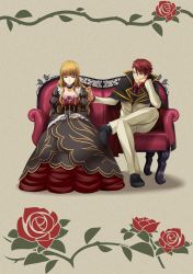 Rule 34 | 1boy, 1girl, absurdres, artist request, beatrice (umineko), blue eyes, blunt bangs, cape, choker, collarbone, couch, crossed legs, dress, formal, hair down, hand in another&#039;s hair, highres, long hair, looking at another, necktie, official art, red hair, red shirt, shirt, sitting, smile, suit, umineko no naku koro ni, ushiromiya battler, wavy hair