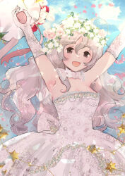 1girl alternate_costume arms_up blue_sky bouquet bridal_veil brown_eyes cloud commentary_request dress elbow_gloves flower gloves grey_hair hair_between_eyes hair_flower hair_ornament head_wreath imaiko kantai_collection long_hair pola_(kancolle) sky smile solo strapless strapless_dress veil wedding_dress white_gloves