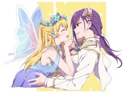 Rule 34 | 2girls, ^ ^, bang dream!, blonde hair, blue dress, boutonniere, cape, closed eyes, dress, closed eyes, face-to-face, fairy wings, formal, head wreath, holding hands, long hair, long sleeves, low ponytail, multiple girls, open mouth, parted lips, purple hair, re ghotion, red eyes, seta kaoru, shawl, shirasagi chisato, smile, sparkle, suit, white cape, white suit, wings, yuri