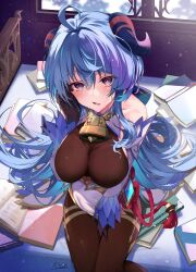 Rule 34 | 1girl, ahoge, bare shoulders, bell, black pantyhose, blue hair, blush, book, breasts, chinese knot, detached sleeves, flower knot, from above, ganyu (genshin impact), genshin impact, gold trim, hand in own hair, hand on own leg, hirai yuzuki, horns, indoors, large breasts, long hair, looking at viewer, neck bell, pantyhose, paper, purple eyes, sidelocks, signature, sitting, solo, tassel, thighlet, vision (genshin impact), waist cape, white sleeves, window
