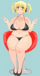 Rule 34 | 1girl, bikini, black bikini, blonde hair, blush, breasts, cleavage, double v, headphones, huge breasts, licking lips, looking at viewer, morisoba (silent hill), navel, nitroplus, open mouth, orange eyes, plump, short hair, sitting, skindentation, smile, solo, super pochaco, swimsuit, tongue, tongue out, twintails, v