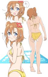 Rule 34 | 10s, 1girl, adjusting clothes, adjusting swimsuit, ass, back, barefoot, bikini, blue eyes, commentary request, flower, from behind, full body, hair flower, hair ornament, highres, kosaka honoka, love live!, love live! school idol project, multiple views, one side up, orange hair, simple background, standing, surprised, swimsuit, tetopetesone, white background, yellow bikini