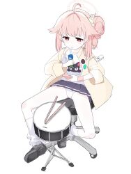 Rule 34 | 1girl, absurdres, antenna hair, blue archive, cellphone, chair, drinking straw, drum, full body, goorung, highres, instrument, looking at another, natsu (band) (blue archive), natsu (blue archive), panties, phone, pink hair, red eyes, shirt, simple background, sitting, skirt, smartphone, solo, underwear, white background