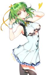 Rule 34 | 10s, 1girl, aquarion (series), aquarion evol, artist name, bare shoulders, blue skirt, blush, breasts, buttons, c.c., clothing cutout, code geass, cosplay, creayus, frills, green hair, hair ribbon, hand in own hair, looking at viewer, parted lips, ribbon, simple background, skirt, solo, underboob, underboob cutout, white background, wrist cuffs, yellow eyes, zessica wong, zessica wong (cosplay)