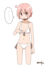 Rule 34 | ..., 1girl, ahoge, bare arms, bare shoulders, bikini, blush, breast conscious, commentary request, cropped legs, dot nose, empty eyes, flat chest, hand on own chest, looking down, nonohara yuzuko, open mouth, pink eyes, pink hair, short hair, side-tie bikini bottom, signature, simple background, solo, speech bubble, spoken ellipsis, standing, swimsuit, umiroku, white background, white bikini, yuyushiki