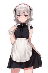Rule 34 | 1girl, aiko (kanl), alternate costume, apron, bare shoulders, black dress, commentary, cowboy shot, dress, enmaided, grey hair, hair ornament, hand up, highres, looking at viewer, maid, maid apron, maid headdress, mole, mole under eye, original, red eyes, short hair, simple background, sleeveless, sleeveless dress, solo, standing, sweatdrop, tana (aiko), two side up, waist apron, white background, wrist cuffs, x hair ornament