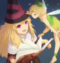 Rule 34 | 2girls, :d, ahoge, ankle garter, bad id, bad pixiv id, barefoot, blonde hair, book, capelet, fairy, fairy wings, green eyes, grimgrimoire, grimoire, hat, hitoya (kitani), lillet blan, long hair, magic circle, mini person, minigirl, multiple girls, open mouth, pentagram, pointy ears, purple eyes, smile, wings, witch hat, wizard hat
