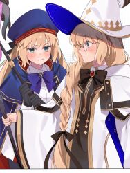 Rule 34 | 2girls, :t, angry, artoria caster (fate), artoria caster (second ascension) (fate), artoria pendragon (fate), beret, black bow, black gloves, black pantyhose, black ribbon, blonde hair, blue cloak, blue eyes, blue headwear, blush, bow, bride, cloak, closed mouth, collar, collared shirt, dress, fate/grand order, fate (series), gem, glasses, gloves, gold trim, green eyes, green gemstone, hair between eyes, hair ribbon, hat, highres, holding, holding staff, long dress, looking at another, multicolored clothes, multicolored dress, multiple girls, pantyhose, pink ribbon, pout, purple bow, red gemstone, ribbon, shirt, skirt, staff, aesc (fate), twintails, uxco0, white background, white dress, white headwear, white shirt, white skirt, witch hat