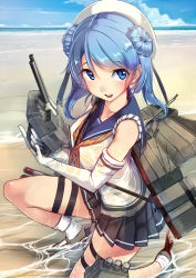 Rule 34 | 10s, 1girl, akasaai, beach, blue eyes, blue hair, breasts, cannon, cloud, day, double bun, elbow gloves, gloves, hair bun, hat, high heels, highres, kantai collection, kneeling, long hair, looking at viewer, matching hair/eyes, mecha musume, outdoors, personification, pleated skirt, school uniform, see-through, serafuku, shirt, skirt, sky, sleeves rolled up, smile, socks, solo, thigh strap, turret, urakaze (kancolle), water, wet, wet clothes, wet shirt, white hat, white socks