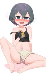 Rule 34 | 1girl, absurdres, alcohol, bare shoulders, barefoot, beer can, black hair, blush, breasts, can, chis (js60216), collarbone, drink can, drunk, feet, grey eyes, highres, kaban (kemono friends), kemono friends, knee up, legs, looking at viewer, navel, nose blush, off shoulder, open mouth, short hair, short shorts, shorts, singlet, sitting, small breasts, smile, solo, squeans, toenails, toes