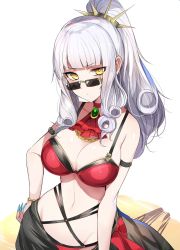 Rule 34 | 1girl, alternate costume, armlet, ascot, bare shoulders, bikini, blunt bangs, breasts, brown-tinted eyewear, carmilla (fate), carmilla (summertime mistress) (fate), choker, commentary request, curly hair, duplicate, eyes visible through hair, fate/grand order, fate (series), fingernails, groin, hairband, hand on own hip, highres, hime cut, large breasts, long fingernails, looking over eyewear, looking over glasses, luse maonang, navel, ponytail, simple background, solo, sunglasses, swimsuit, tinted eyewear, white background, white hair, yellow eyes