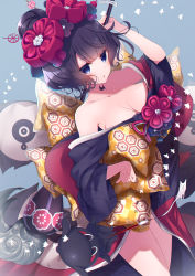 Rule 34 | 1girl, absurdres, bare shoulders, blue background, blue eyes, blush, breasts, cleavage, collarbone, fate/grand order, fate (series), giant brush, hair bun, hair ornament, hairpin, hand on own hip, highres, japanese clothes, katsushika hokusai (fate), kimono, ko yu, long sleeves, looking at viewer, medium breasts, octopus, off shoulder, open mouth, paintbrush, purple hair, purple kimono, red kimono, sash, short hair, single hair bun, tokitarou (fate), wide sleeves