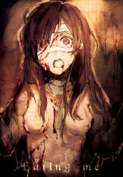 Rule 34 | 1girl, arisaka ako, bad id, bad pixiv id, bandages, bandage over one eye, blood, breasts, brown hair, english text, guro, long hair, open mouth, original, red eyes, scar, solo, tears