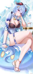 Rule 34 | 1girl, abstract background, absurdres, alternate costume, arm on table, artist name, bell, black one-piece swimsuit, blue hair, bracelet, breasts, cleavage, covered navel, crossed legs, feifu, foot out of frame, ganyu (genshin impact), genshin impact, goat horns, hand up, head rest, highres, horns, impossible clothes, impossible swimsuit, jewelry, large breasts, long hair, looking at viewer, neck bell, o-ring, o-ring thigh strap, one-piece swimsuit, parted lips, pink nails, purple eyes, shadow, shrug (clothing), sitting, skindentation, slime (genshin impact), solo, swimsuit, thigh strap, two-tone one-piece swimsuit, very long hair, white footwear, white one-piece swimsuit