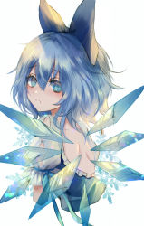 Rule 34 | 1girl, absurdres, blue bow, blue dress, blue eyes, blue hair, bow, cirno, closed mouth, commentary, dress, from behind, hair between eyes, highres, ice, ice wings, looking at viewer, maho moco, puffy short sleeves, puffy sleeves, short hair, short sleeves, simple background, snowflakes, solo, symbol-only commentary, teeth, touhou, white background, white sleeves, wings