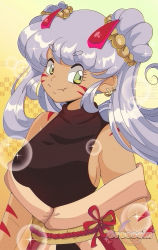 Rule 34 | 1990s (style), 1girl, beads, black shirt, breasts, cresscin, demon girl, demon horns, double bun, earrings, facial mark, fang, green eyes, grey hair, hair beads, hair bun, hair ornament, highres, horns, japanese clothes, jewelry, kimono, large breasts, long hair, long sleeves, looking at viewer, obi, off-shoulder kimono, off shoulder, original, retro artstyle, sash, shirt, sleeveless, sleeveless shirt, smile, sparkle, standing, twintails, yellow background