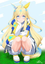 Rule 34 | 1girl, ahoge, animal ears, artist name, black footwear, blonde hair, blue eyes, blue hair, blush, boots, breasts, character name, cleavage, colored inner hair, commentary request, cowboy shot, ear covers, ear ornament, gradient hair, hair between eyes, highres, horse ears, horse girl, horse tail, jacket, long hair, looking at viewer, multicolored hair, neo universe (umamusume), outdoors, parted lips, puffy sleeves, simple background, single ear cover, sleeves past fingers, sleeves past wrists, small breasts, solo, squatting, streaked hair, t2r, tail, umamusume, very long sleeves, white background, white footwear, white jacket