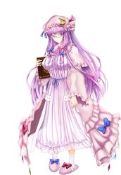 Rule 34 | absurdres, blue bow, blunt bangs, book, bow, bowtie, bun cover, crescent, crescent hat ornament, double bun, dress, glasses, hair bow, hair bun, hat, hat bow, hat ornament, highres, holding, holding book, long hair, long sleeves, looking at viewer, mob cap, patchouli knowledge, pink bow, pink bowtie, purple dress, purple eyes, purple hair, purple hat, red bow, slippers, socks, standing, striped clothes, striped dress, tachi-e, tk31, touhou, transparent background, vertical-striped clothes, vertical-striped dress, very long hair, white socks, wide sleeves