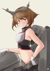 Rule 34 | 1girl, artist name, black skirt, blush, breasts, brown hair, closed mouth, collar, flipped hair, from side, gloves, green eyes, grey background, groin, hand on own hip, hazuki futahi, headgear, kantai collection, looking at viewer, medium breasts, metal belt, midriff, mutsu (kancolle), navel, pleated skirt, short hair, simple background, skirt, smokestack, solo, turret, upper body, white gloves