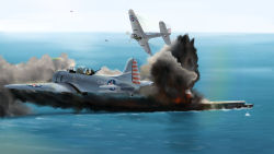 Rule 34 | aircraft, aircraft carrier, airplane, bomb, dive bomber, explosion, explosive, fire, gun, highres, historical event, history, imperial japanese navy, machine gun, military, military vehicle, mo yu de jiaozi, ocean, original, pilot, propeller, roundel, sbd dauntless, ship, shouhou (aircraft carrier), sky, smoke, star (symbol), united states navy, vehicle focus, warship, watercraft, waves, weapon, world war ii